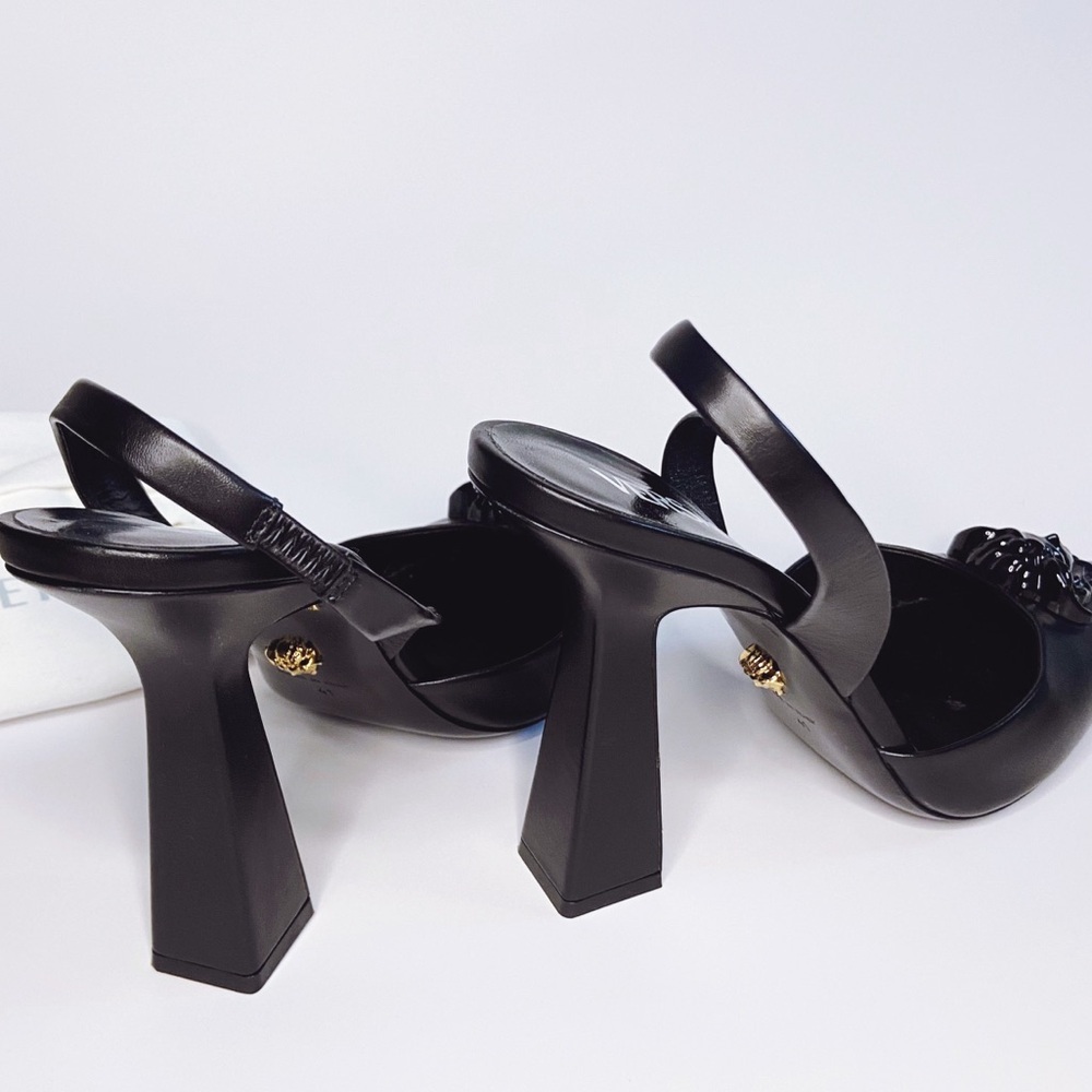 Versace Black Slingback Pointed Toe Heels with Medusa Chain - Picture 9 of 17
